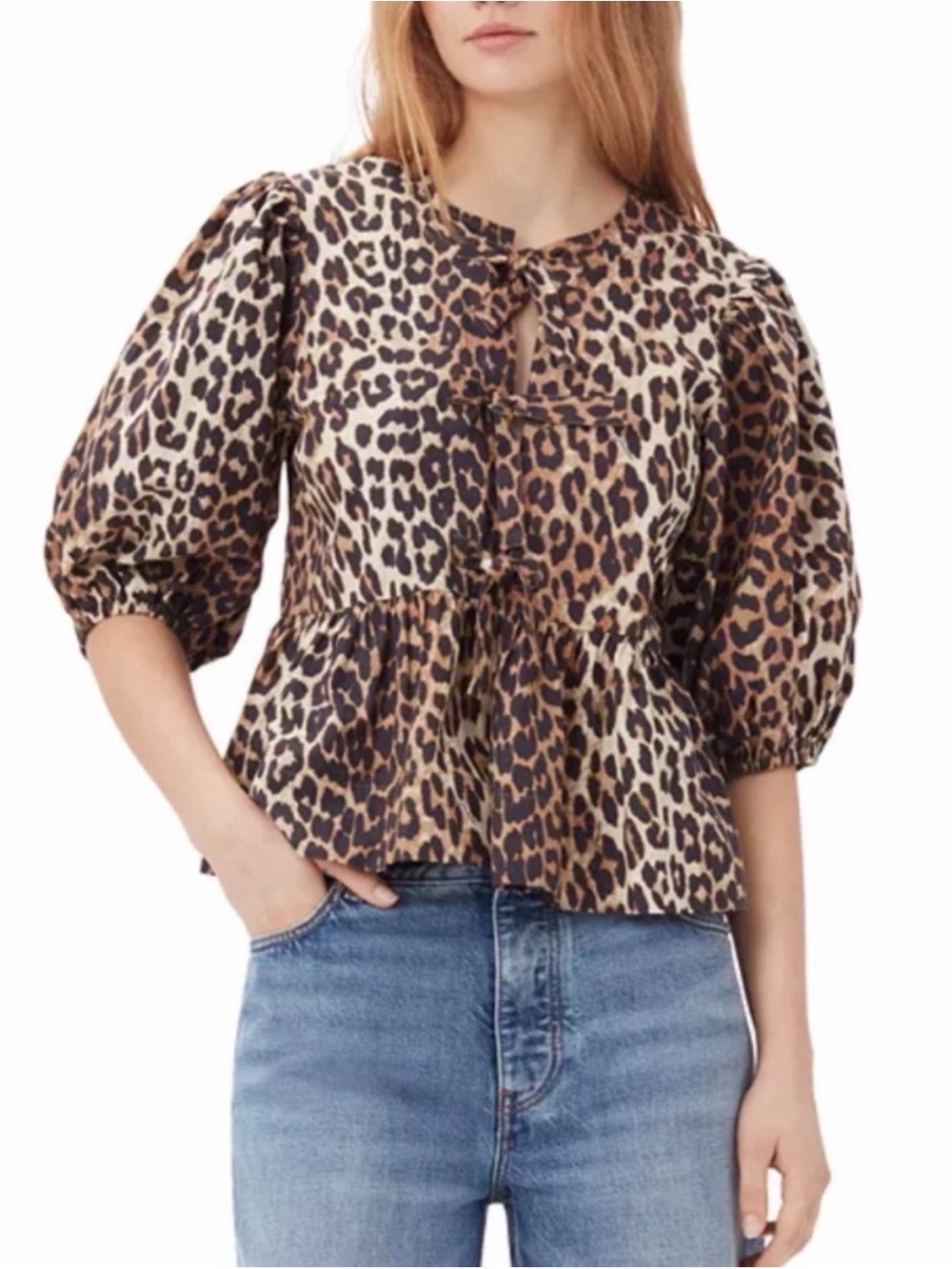 GANNI Leopard Print Puff Sleeve Blouse Organic Cotton Tie Front Peplum Size S